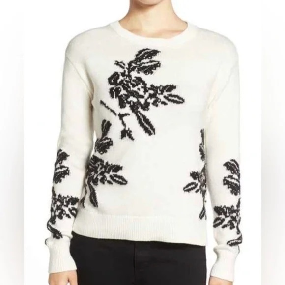Halogen Sweaters - Halogen Black and White Crew Neck Sweater with Bold Floral Design